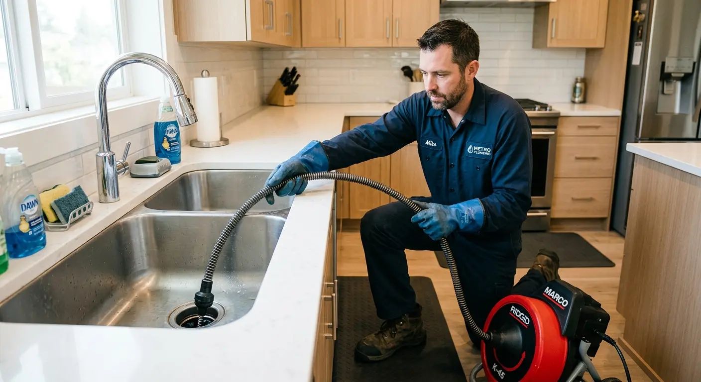 Drain cleaning technician using a motorized snake on a kitchen sink in Humble