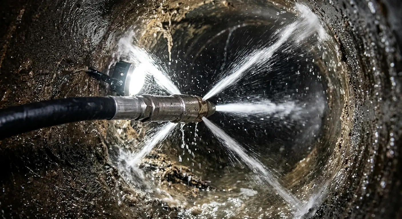 High-pressure hydro jetting nozzle cleaning sewer pipe for Sewer Cleanout in Humble