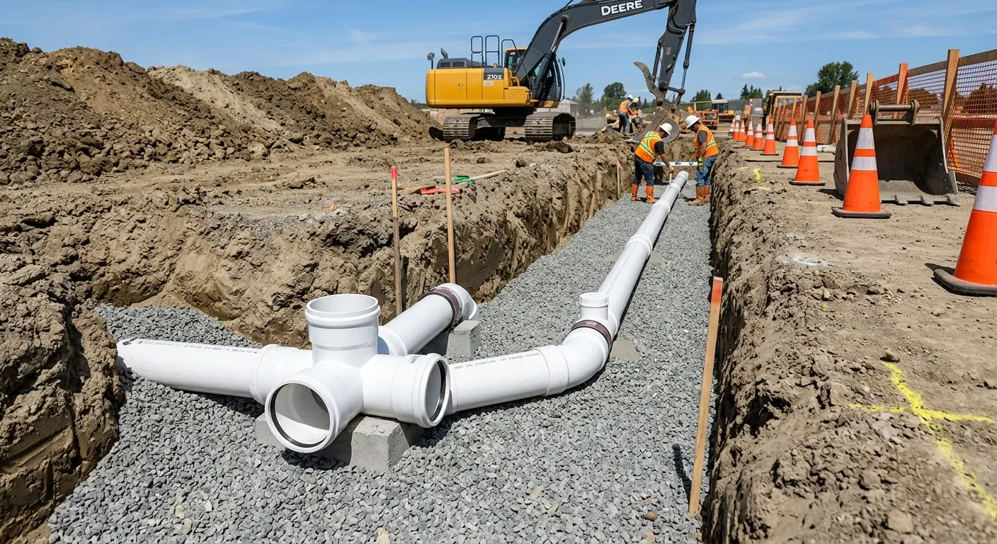 New PVC sewer pipe installation in open trench for Commercial Drain Cleaning in Humble