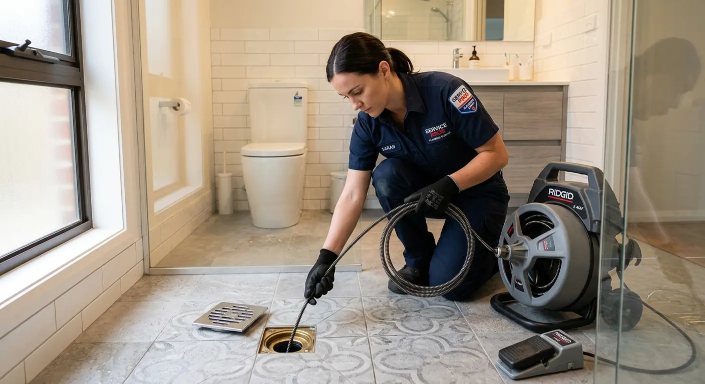 Technician clearing a bathroom floor drain for Clogged Drain Repair in Humble